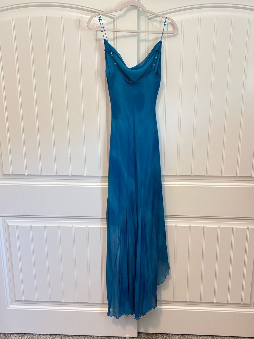 VTG Caché Beaded Silk Aqua Blue Asymmetric Ruffle Gown Size 10 Y2K Mermaid rare - Picture 5 of 12